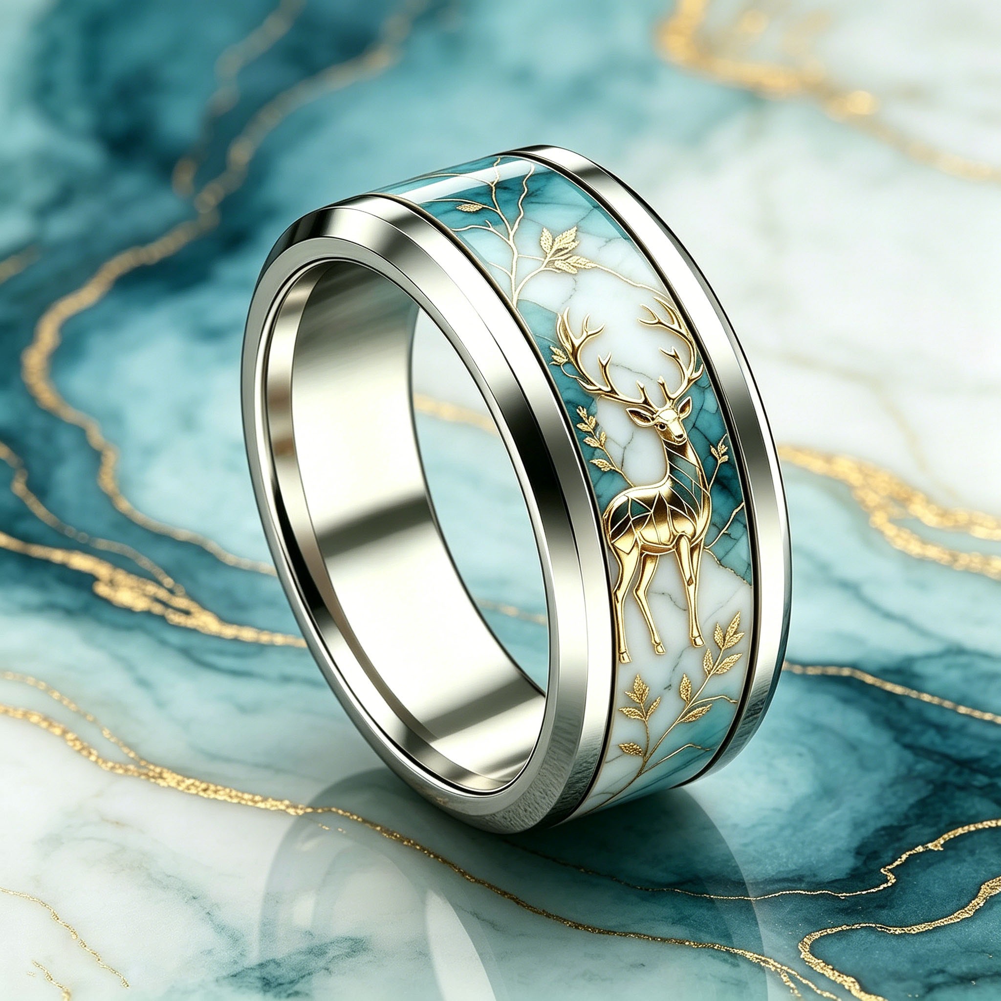 Women's Light Luxury Gilded Reindeer Marble-Veined Stainless Steel Ring